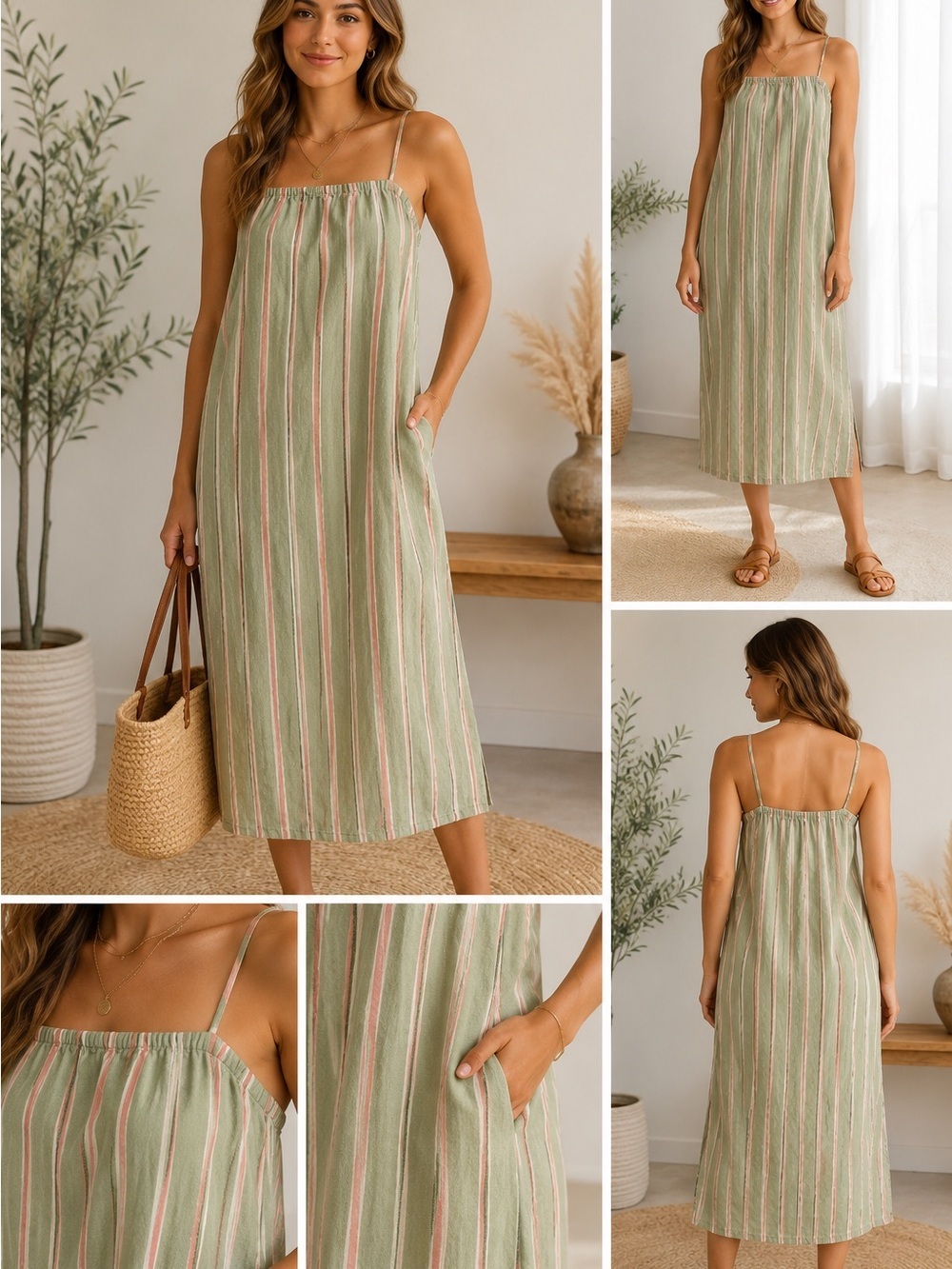 Linen blend Sage and Blush Striped Midi Sundress
